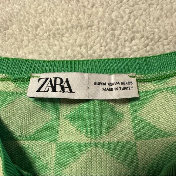 Zara Green Cream Geometric Button Front Cardigan Sweater Cropped Fitted - Picture 10 of 12